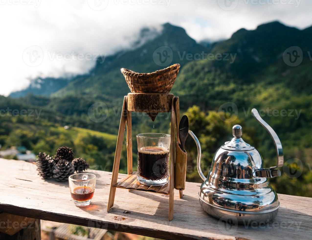 Drip coffee on the balcony and mountain view photo