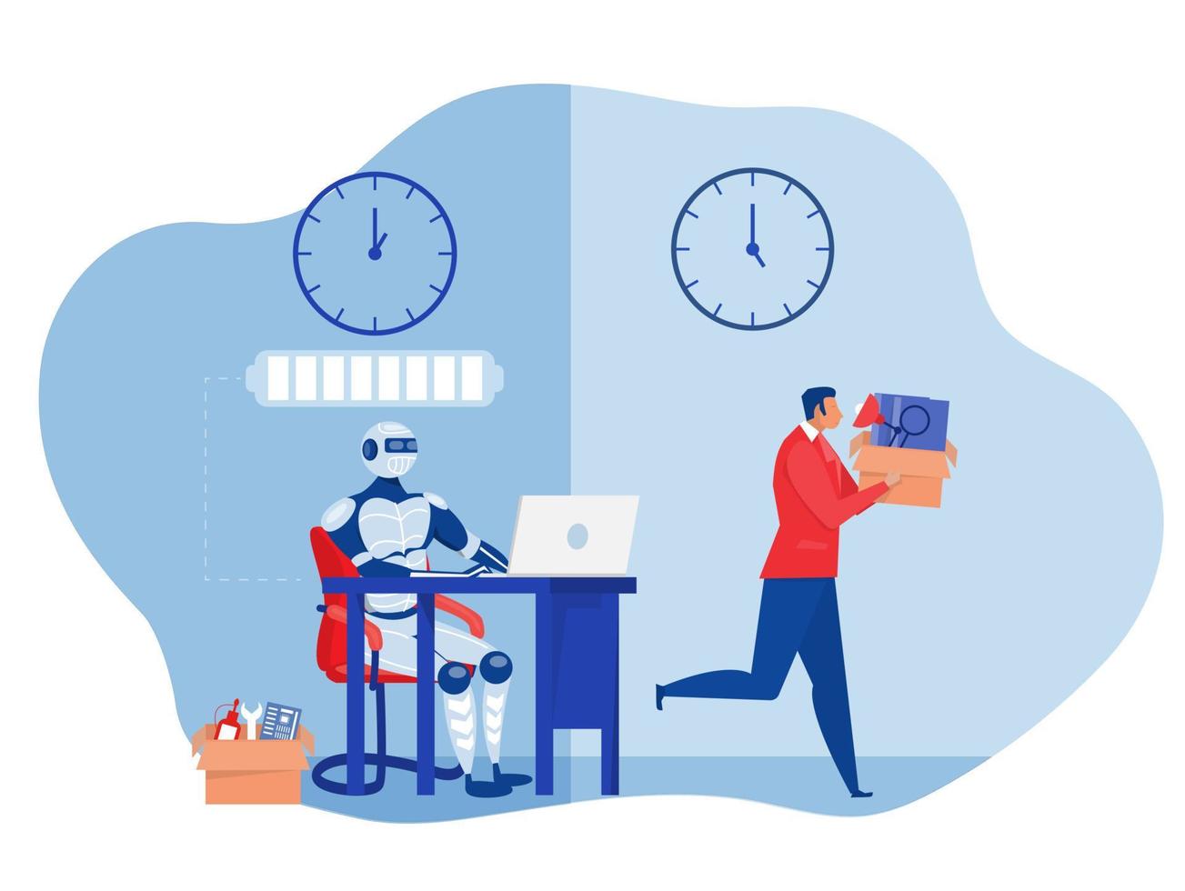 Robots replace the human in office, Business people, unemployment. compare employee concept Flat vector illustration
