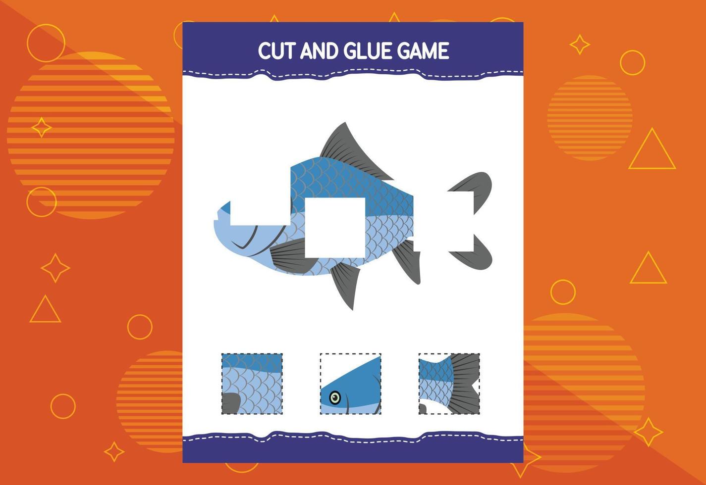 Cut and glue game for kids with fish. Cutting practice for preschoolers. Education worksheet. vector