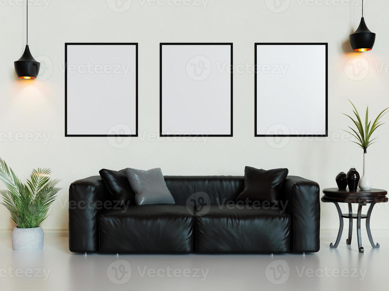 3d illutration of Painting frame in room with Black  Sofa and Indoor plant For mockup photo