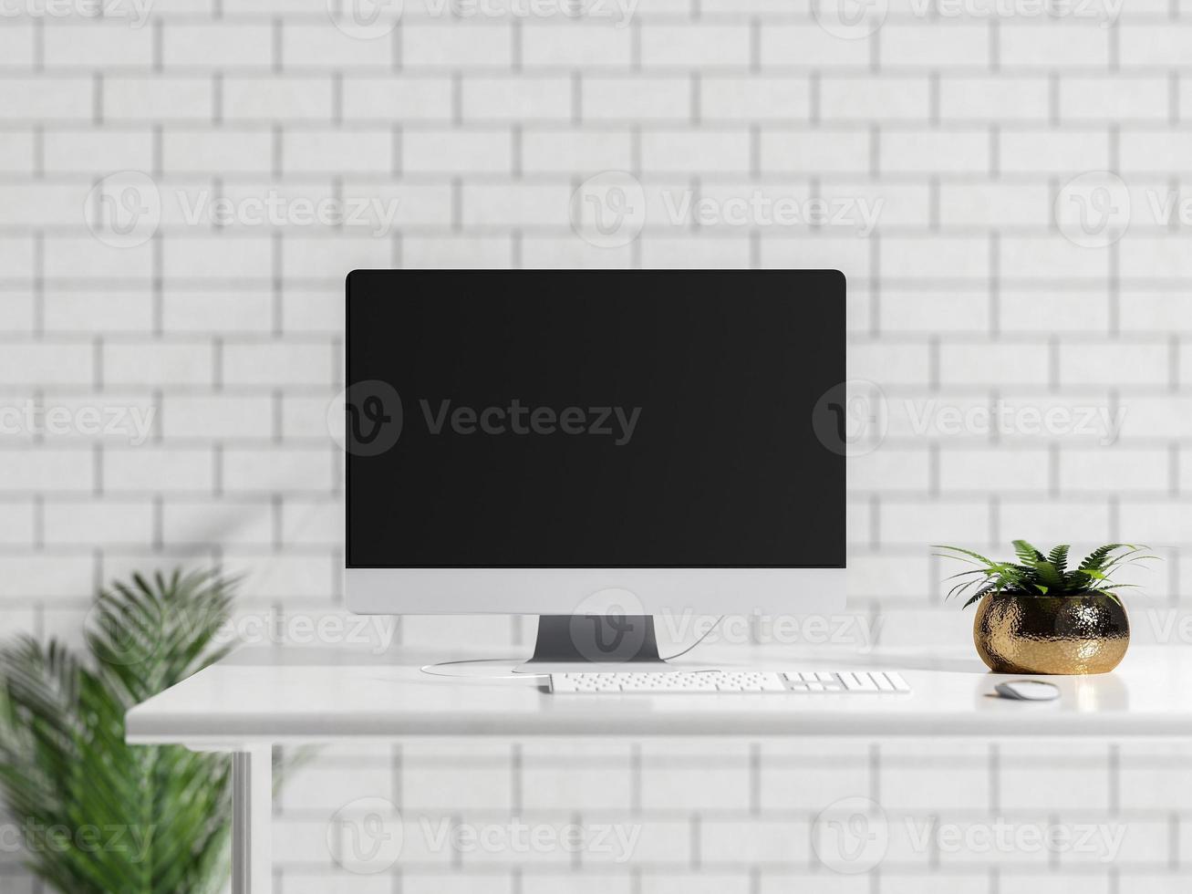 3d illutration of Workspace With  Desktop Computer, Digital Devices Font view Mockup photo