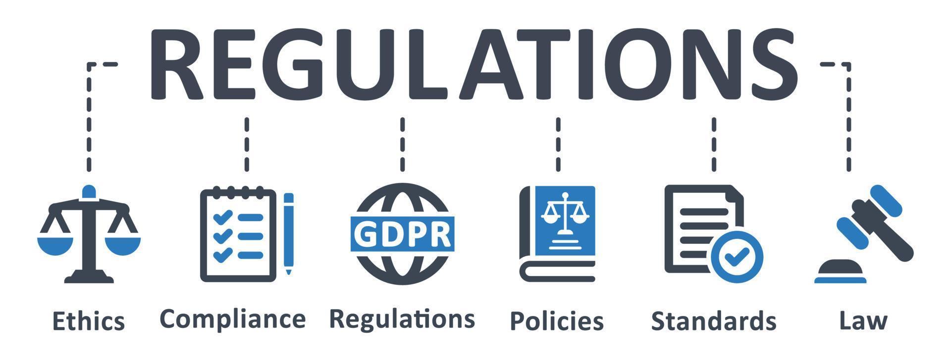 icono de regulaciones - ilustración vectorial . regulaciones, regulación, cumplimiento, ley, autoridad, reglas, infografía, plantilla, presentación, concepto, banner, pictograma, conjunto de iconos, iconos. vector