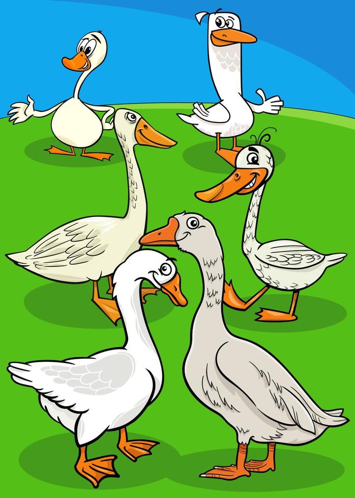 cartoon geese farm birds animal characters group vector