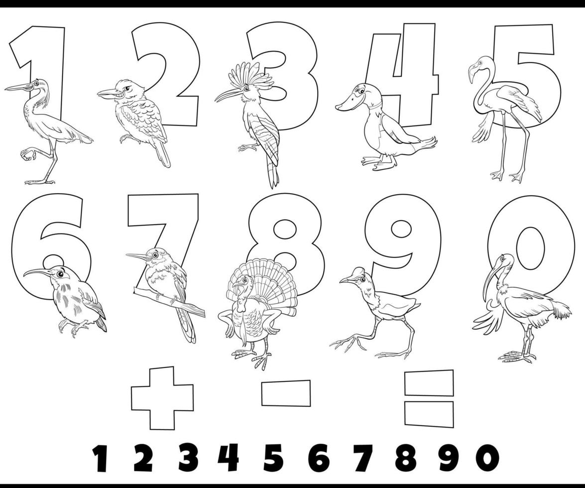 educational numbers set with comic birds coloring page vector