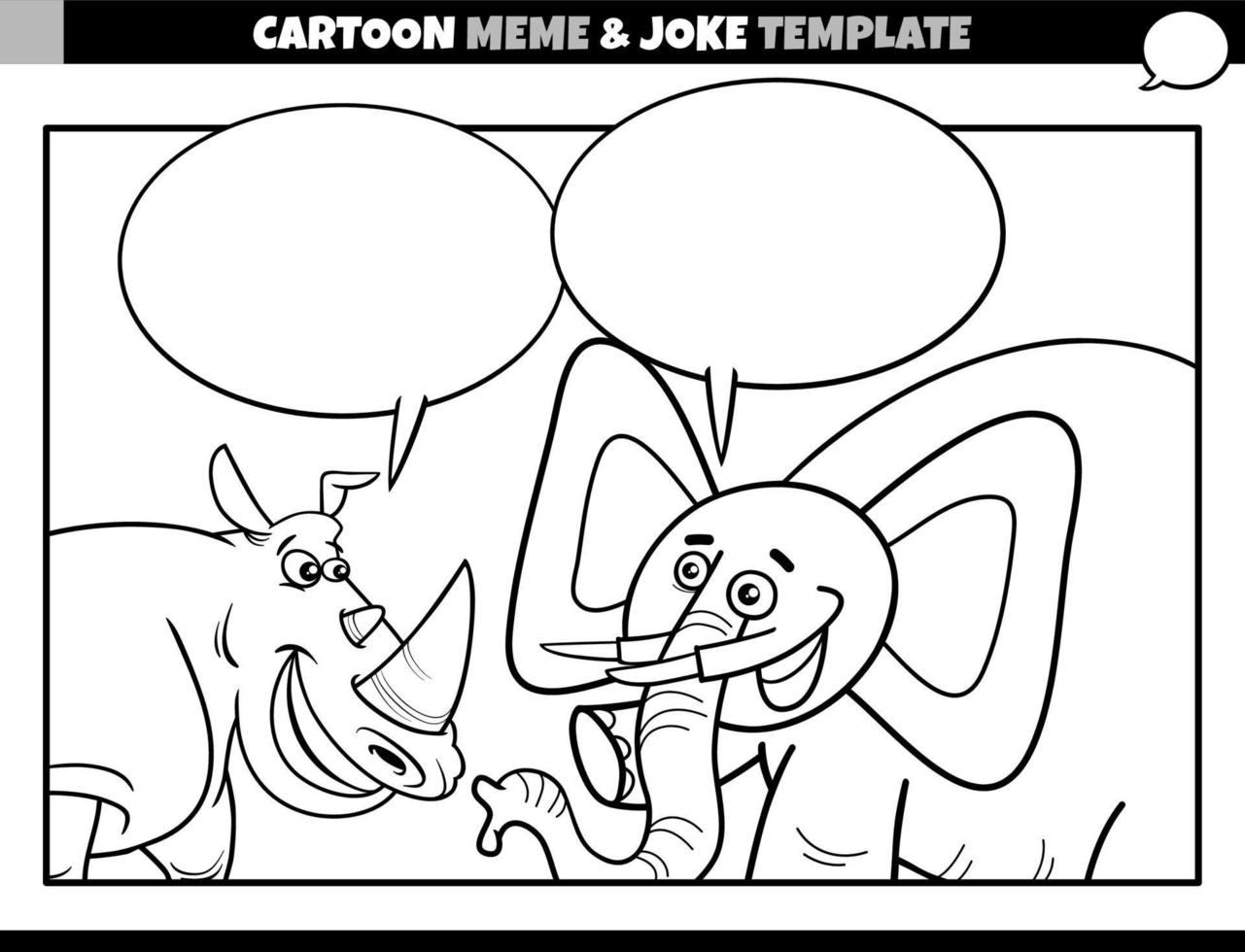 black and white cartoon meme template with rhino and elephant vector