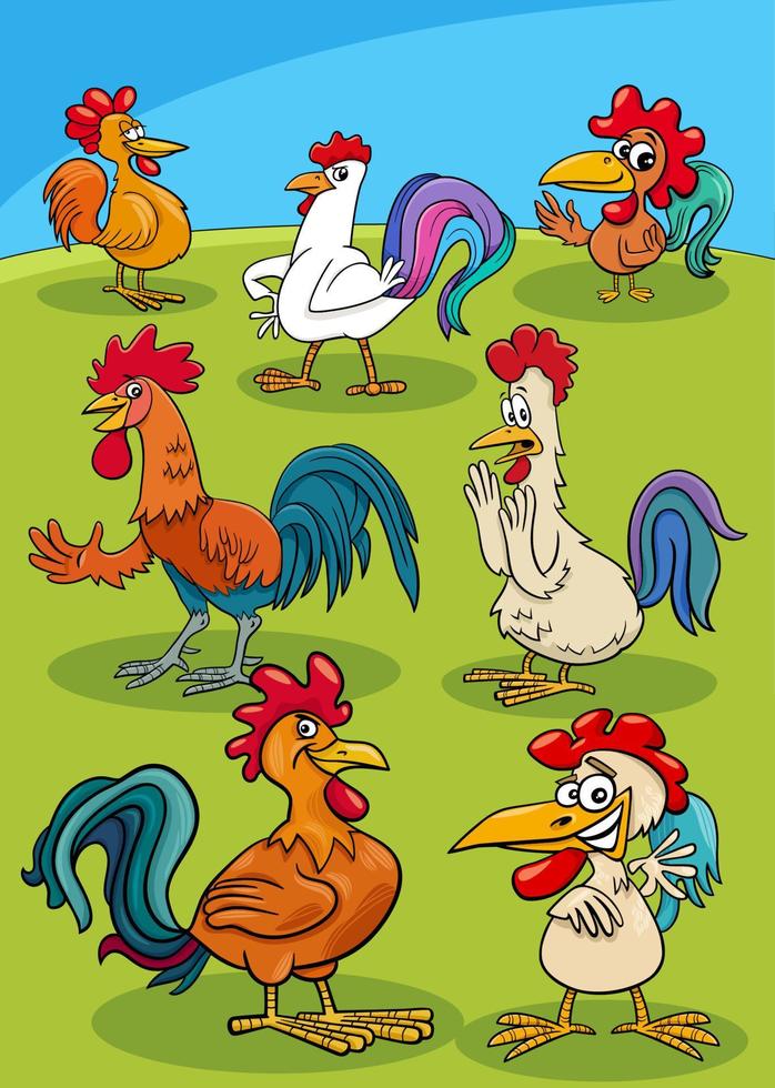 cartoon roosters farm birds animal characters group vector