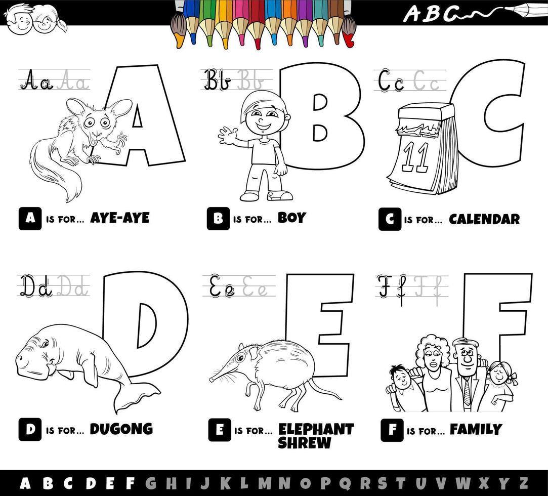 letras del alfabeto de dibujos animados educativos establecidos de la página a color de la a la f vector