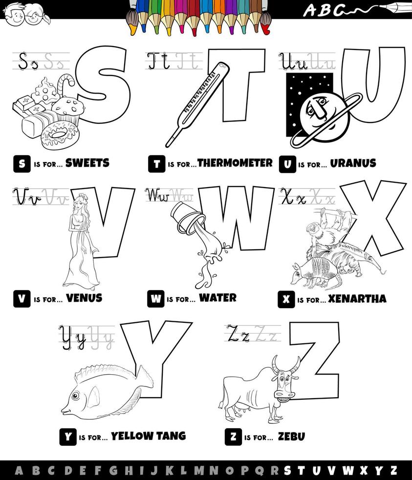 Conjunto de alfabeto de dibujos animados educativos de la sa la z página de libro de color vector