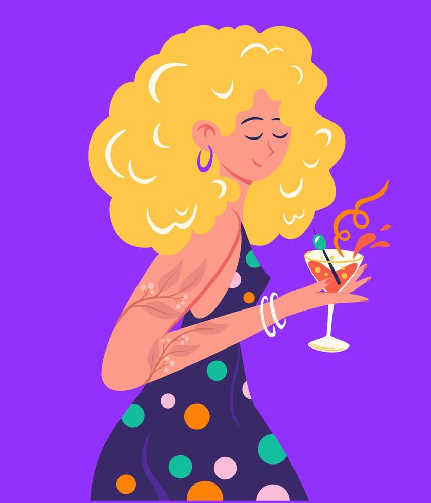 chica con un cóctel en sus manos. mujer joven en vestido de noche en una fiesta. carácter de mujer. festival. perfecto para invitaciones, pancartas, carteles y la web. ilustración plana vectorial. vector