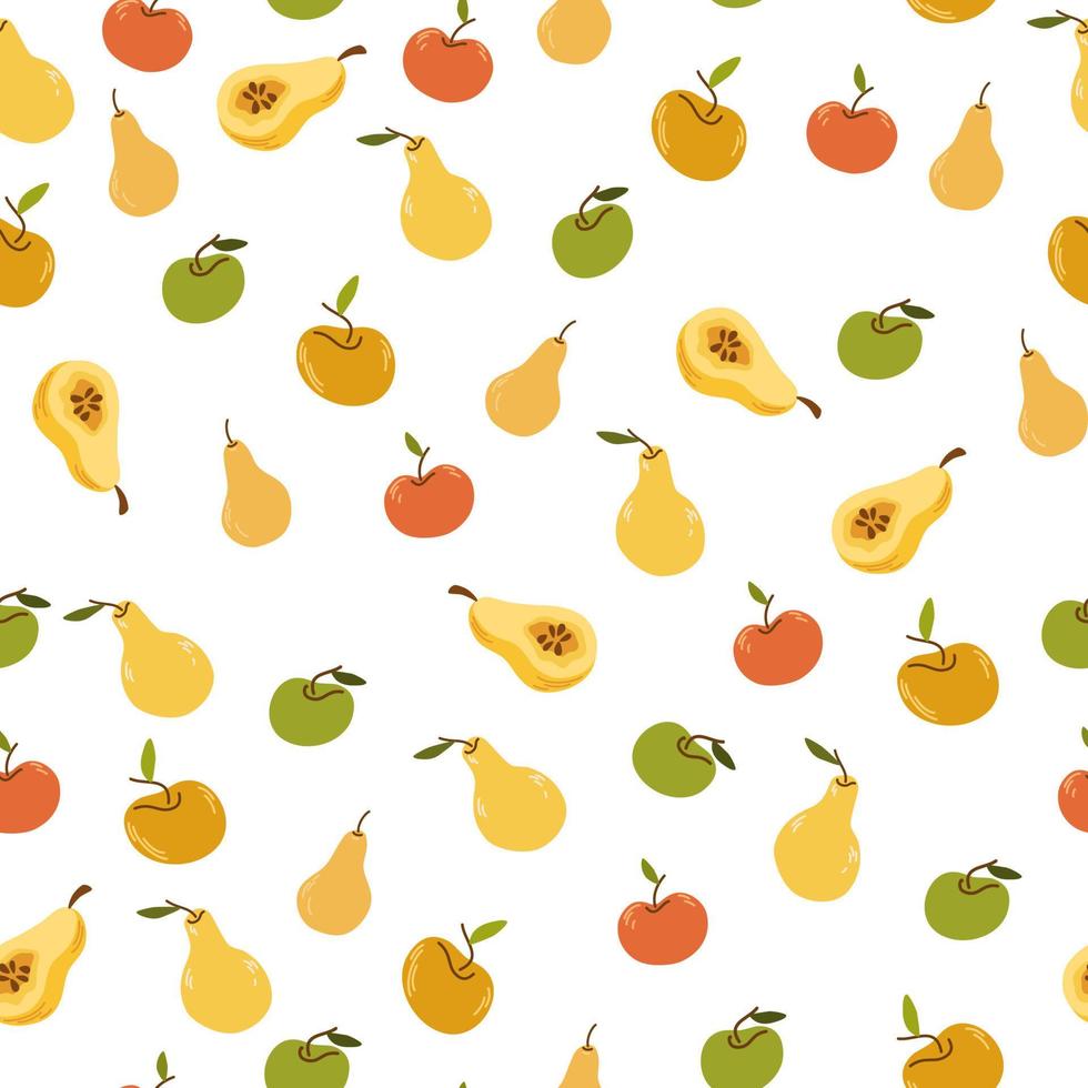 Fruit seamless pattern. Apples and pears background. Harvest. Ripe farm fruits. Perfect for textile, printing, scrapbooking, wallpaper. Vector flat illustration isolated on the white background.