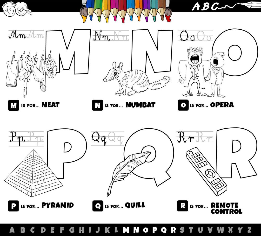 Juego de dibujos animados de letras del alfabeto educativo de m a r página para colorear vector