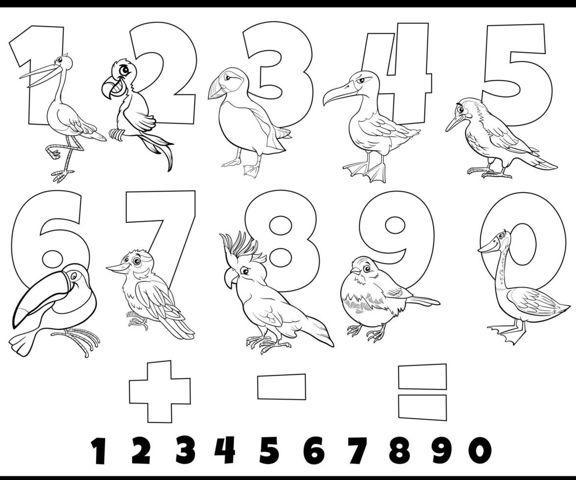 educational numbers set with cartoon birds coloring page vector