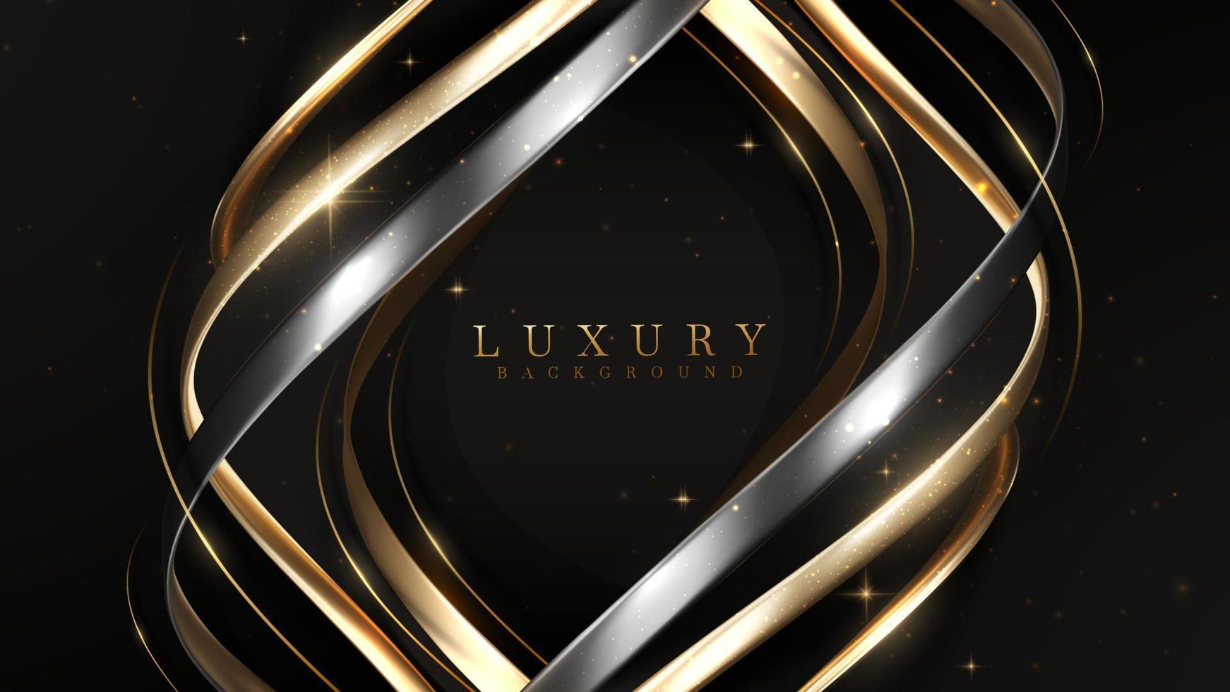 Black luxury background with golden curve decoration and glitter light effects elements. vector