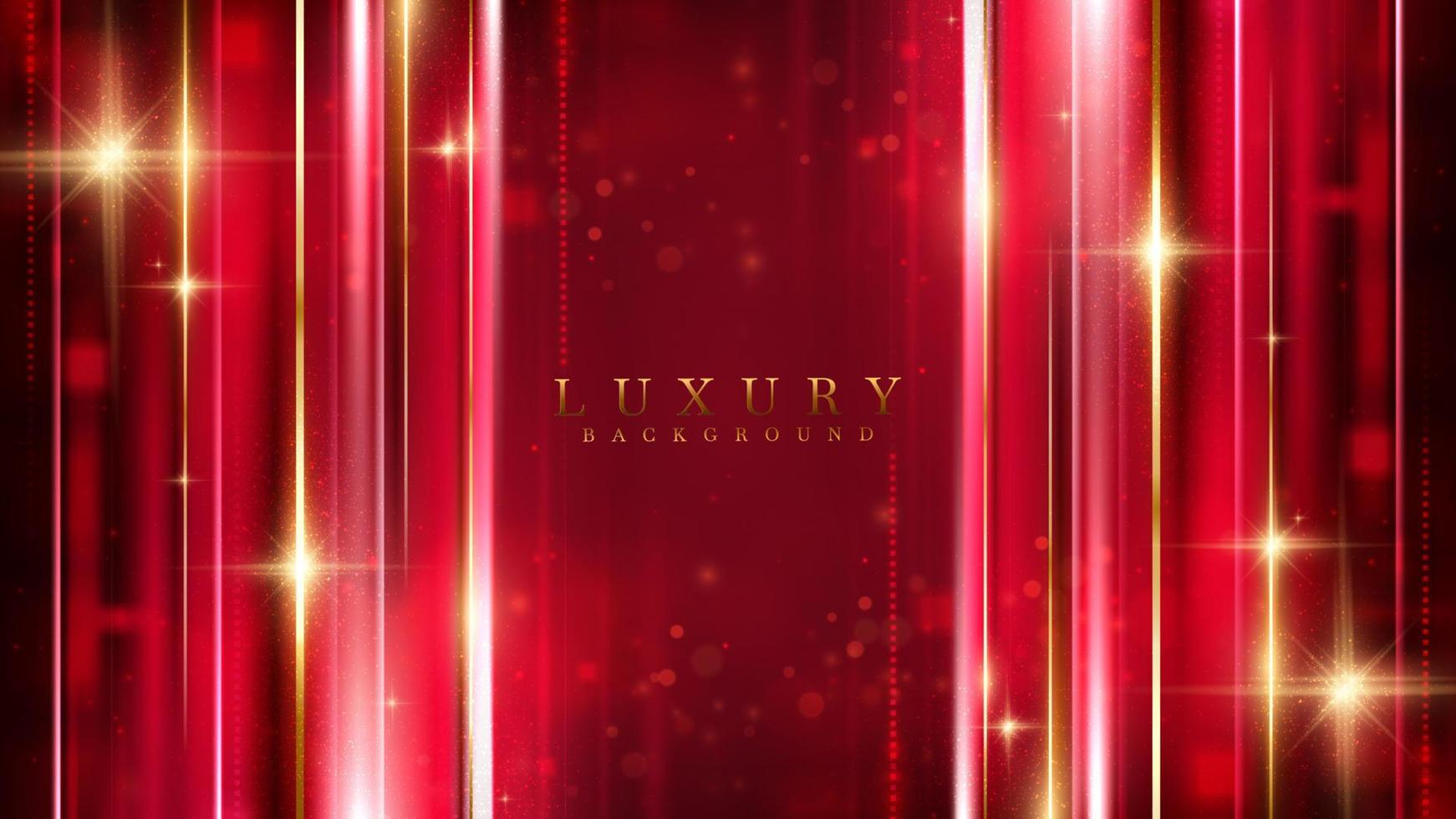 Red luxury background with golden line decoration and light rays effects element with bokeh. vector