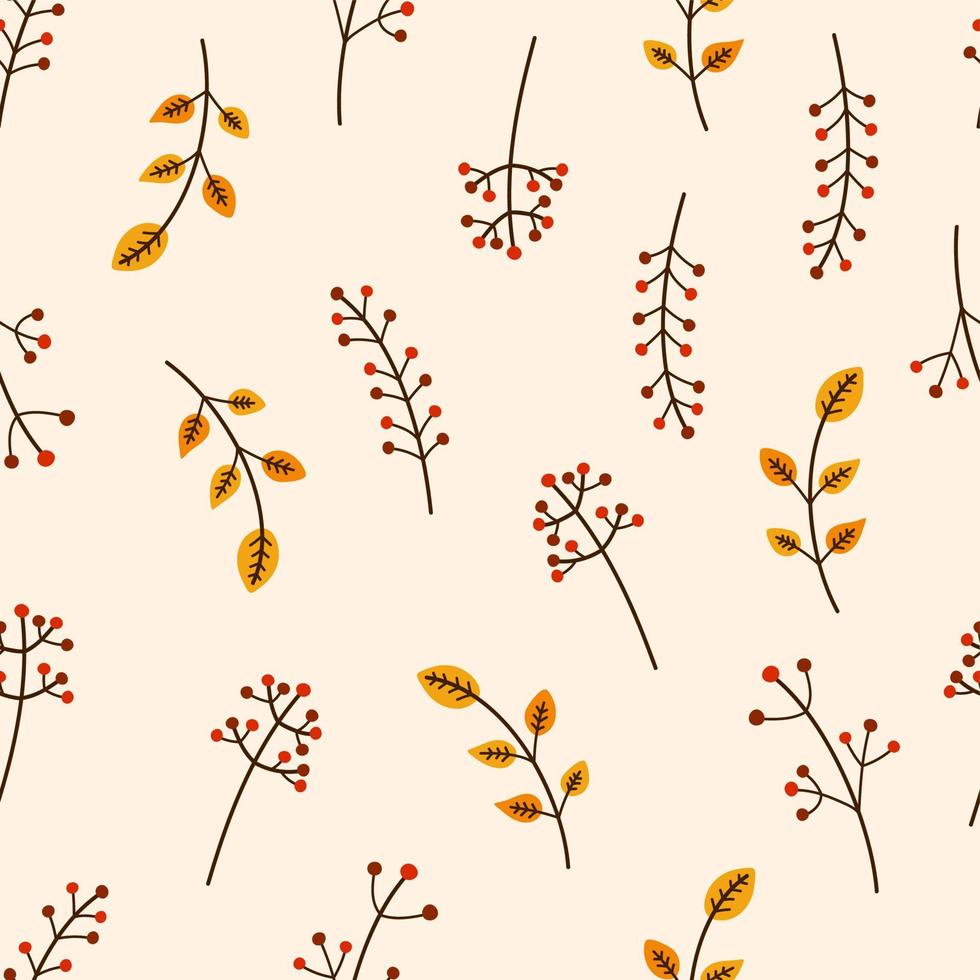 Seamless autumn pattern with leaves and seasonal berries. Vector cozy textile print. Botanical cute thanksgiving background, fall.