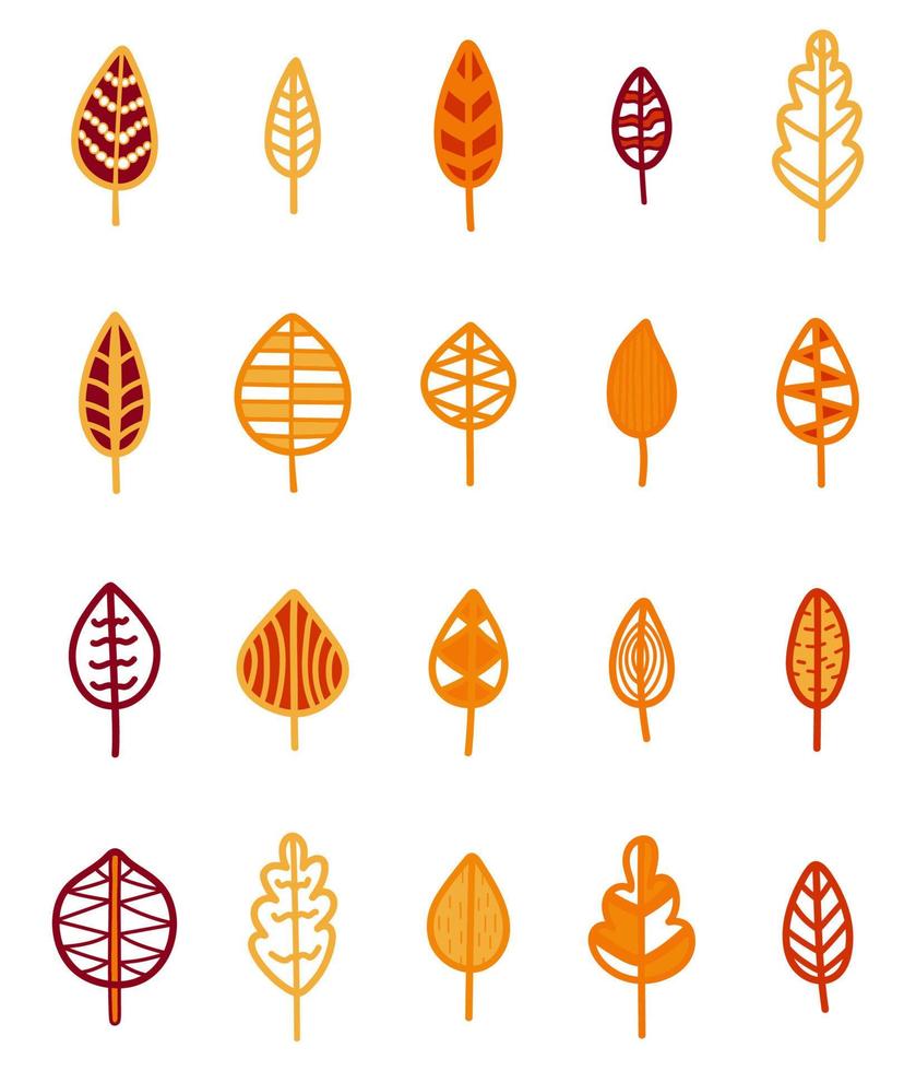 Set of doodle isolated decorative orange leaves. Collection of hand drawn fallen leaves. Vector autumn illustration.