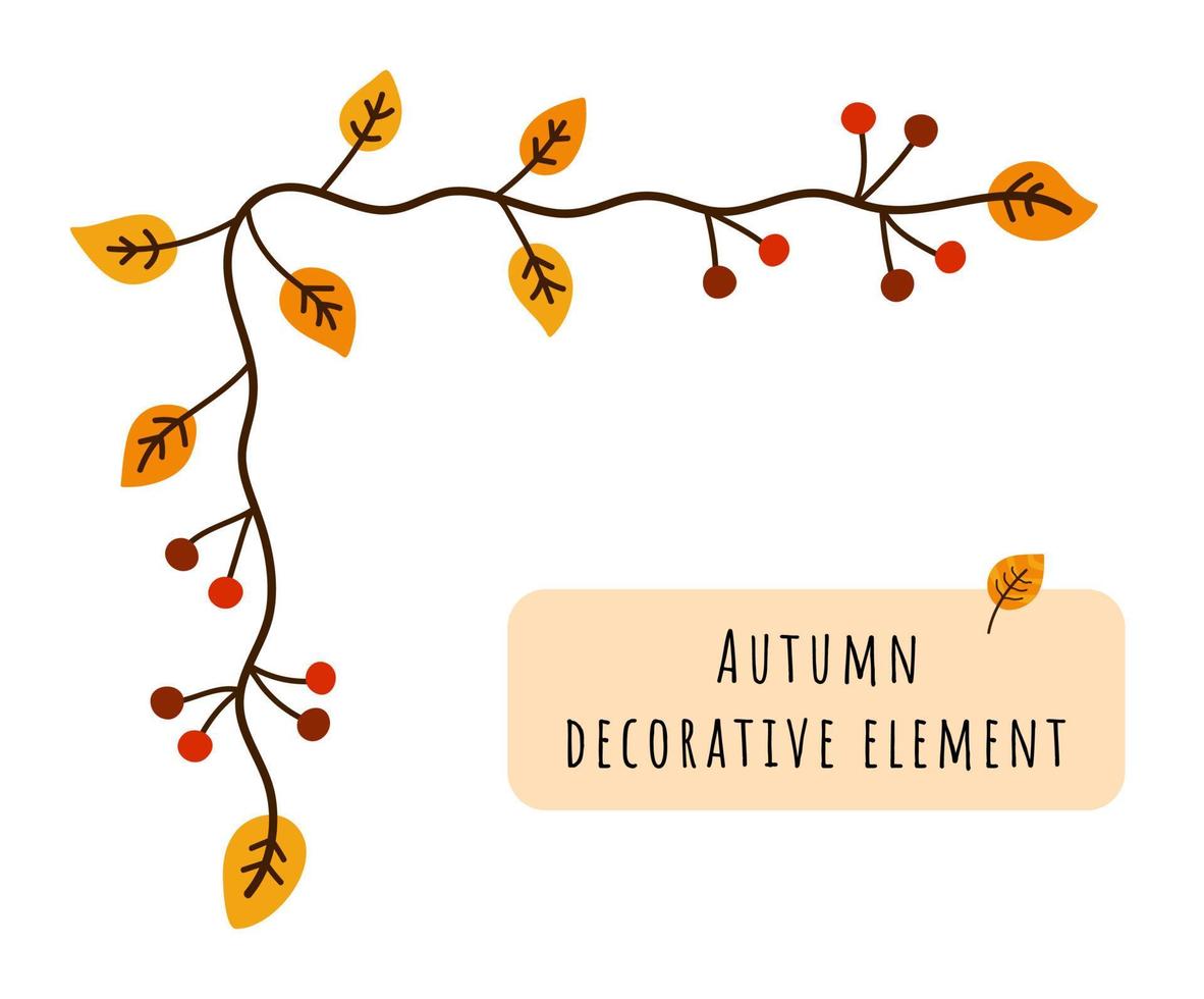 Autumn decorative element abstract isolated corner, border, branches of autumn leaves and berries. Vector botanical doodle illustration.