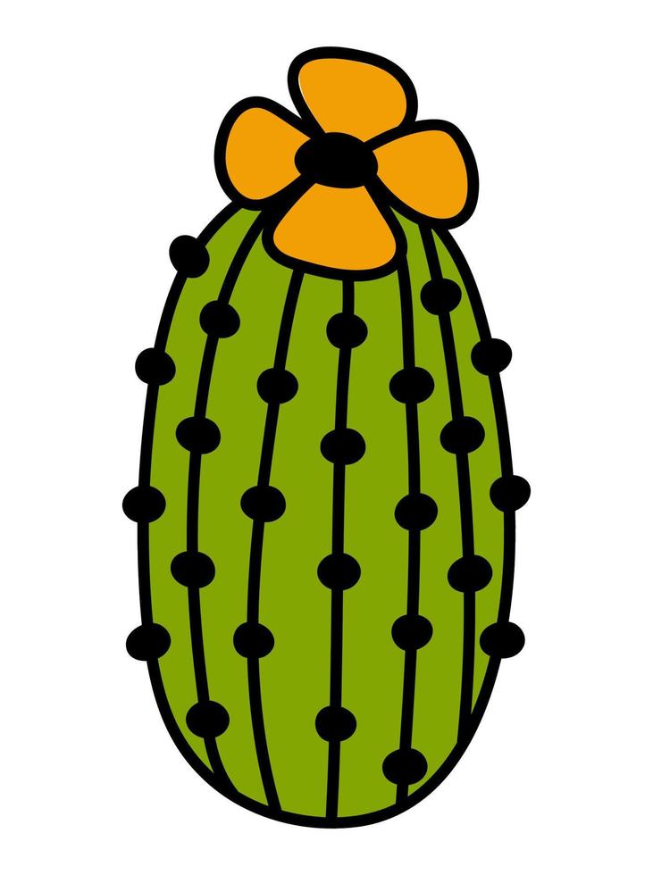 Hand drawn isolated green cactus with flower. Vector doodle cactus sticker illustration clipart