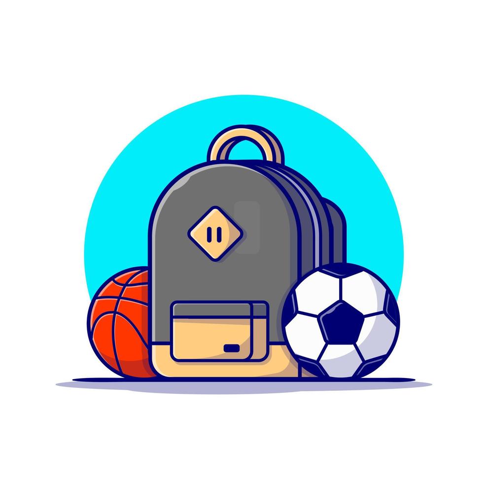 mochila con balón de fútbol y baloncesto ilustración de icono de vector de dibujos animados. educación deporte icono concepto aislado vector premium. estilo de dibujos animados plana