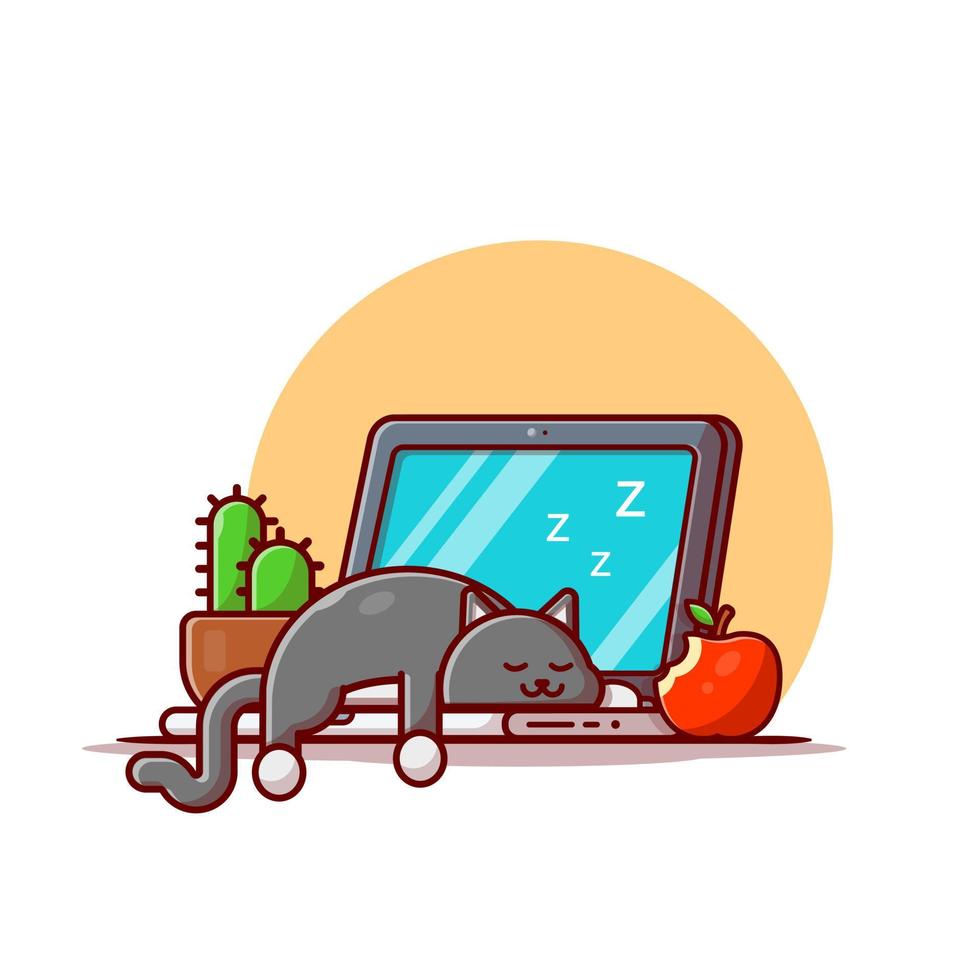 lindo gato durmiendo en la computadora portátil con la ilustración de icono de vector de dibujos animados de manzana y cactus. concepto de icono de tecnología animal vector premium aislado. estilo de dibujos animados plana