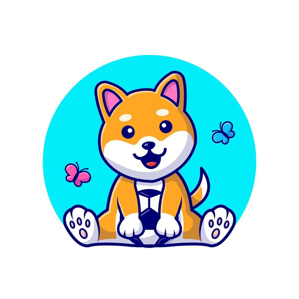 lindo perro shiba inu con balón de fútbol y mariposa caricatura vector icono ilustración. concepto de icono de deporte animal vector premium aislado. estilo de dibujos animados plana