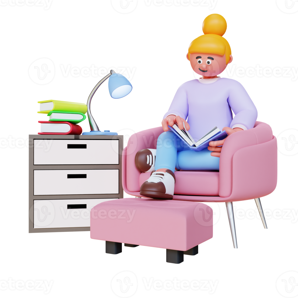 3d render women reading book and relax on sofa png