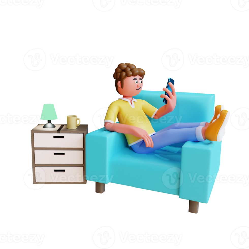 3d render young man relax on sofa and playing smartphone png