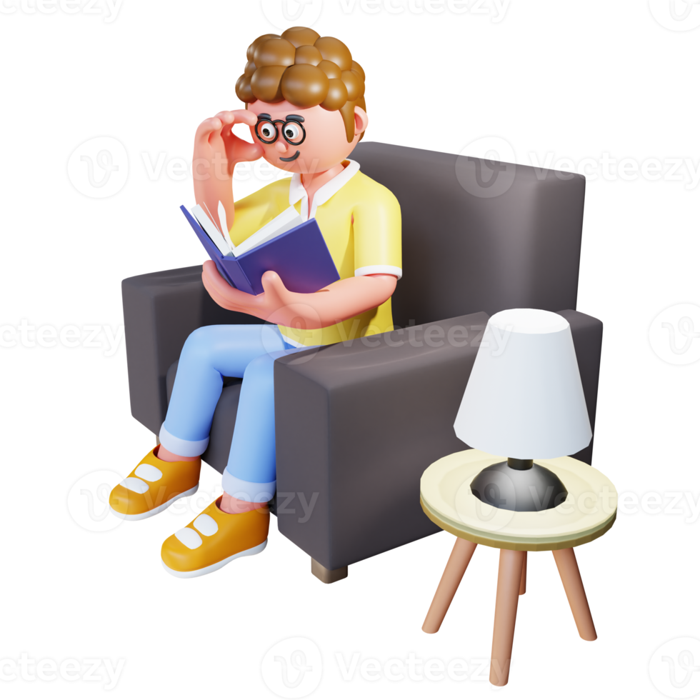 3d render man reading book and sit on sofa png