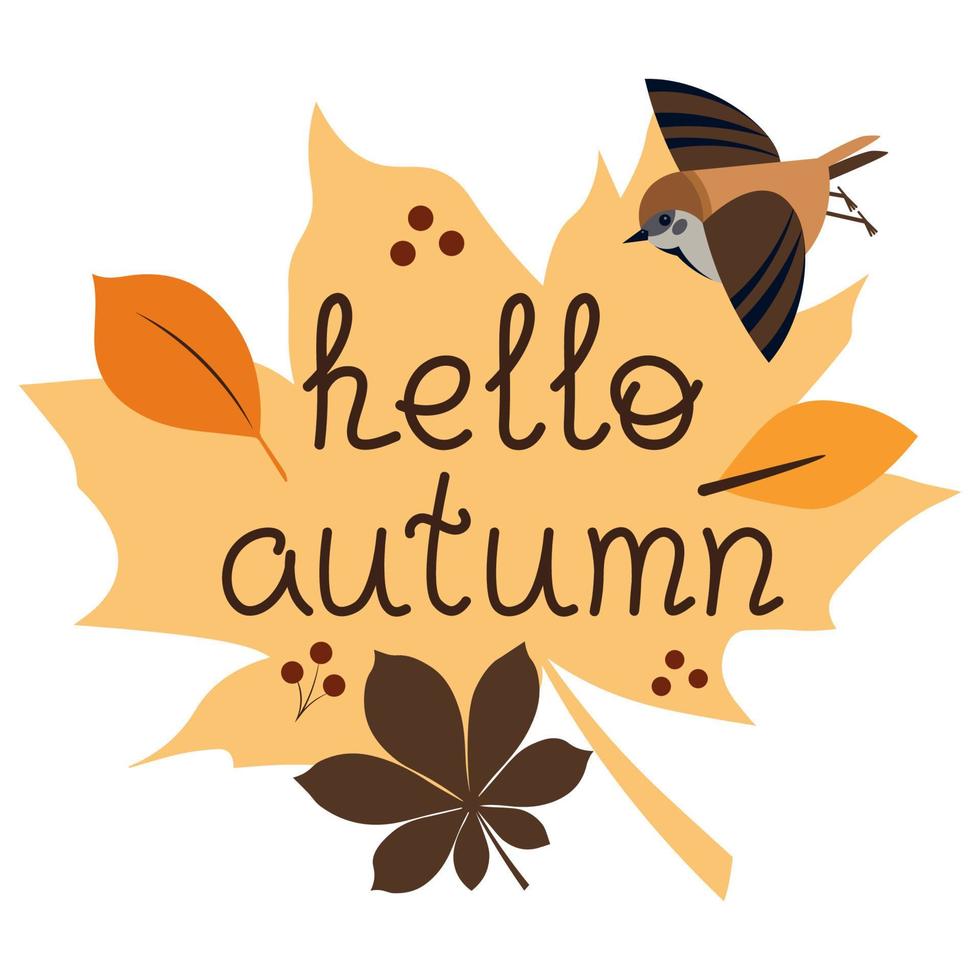 hola letras de otoño. banner o postal con hojas y pájaros ilustración vectorial en estilo plano vector