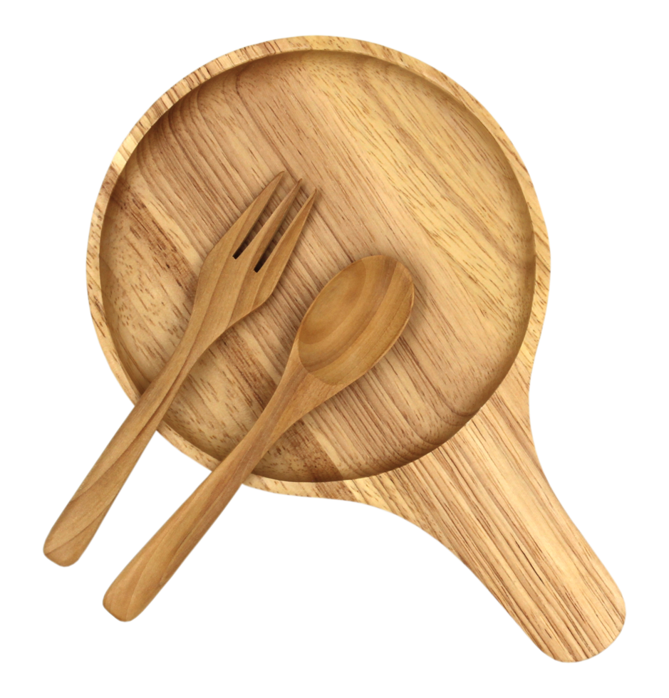 plato de madera, cuchara y tenedor png