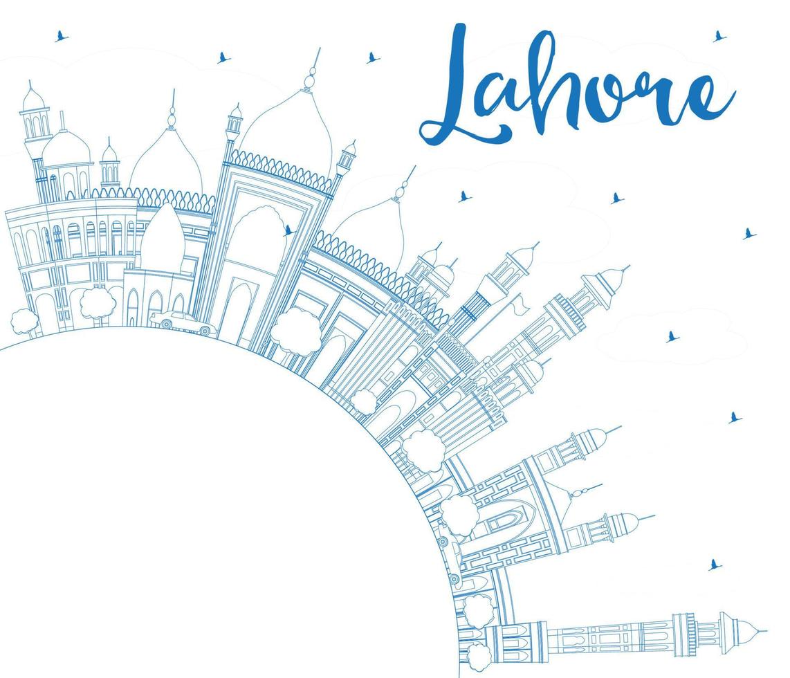 delinee el horizonte de lahore con puntos de referencia azules y copie el espacio. vector