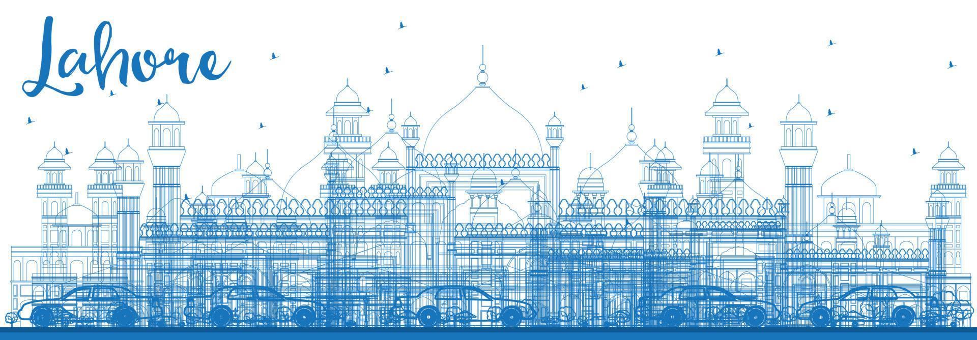 Outline Lahore Skyline with Blue Landmarks. vector