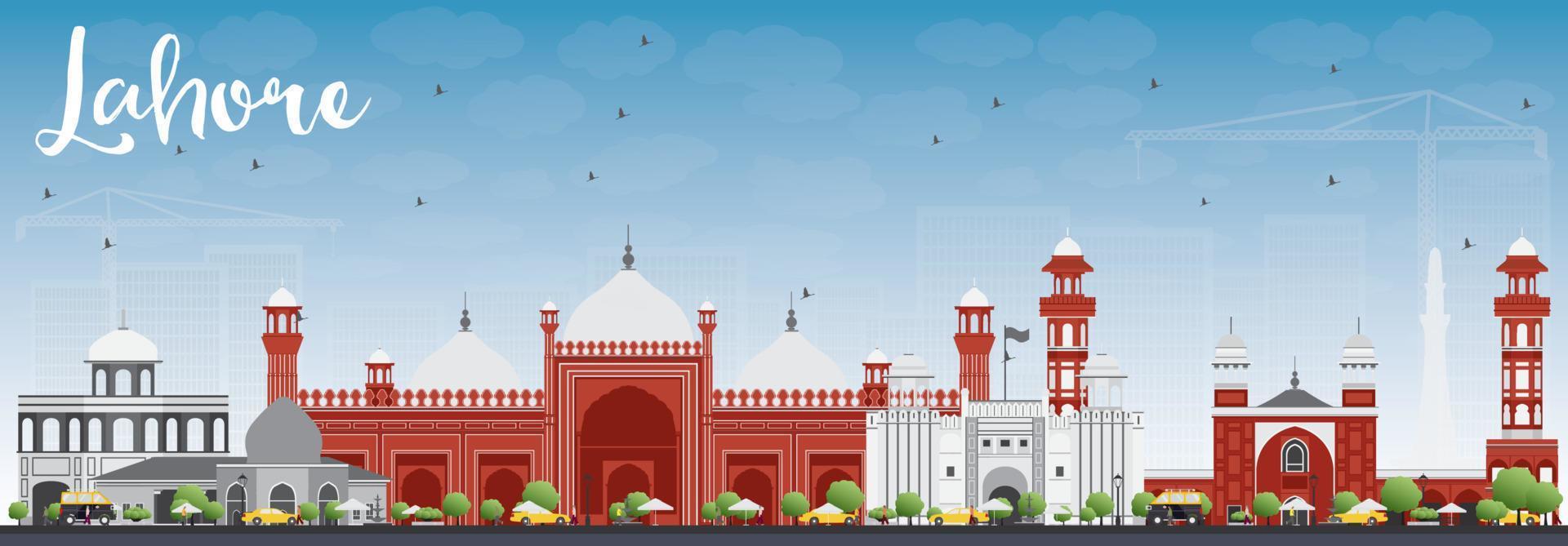 Lahore Skyline with Gray, Red Landmarks and Blue Sky. vector