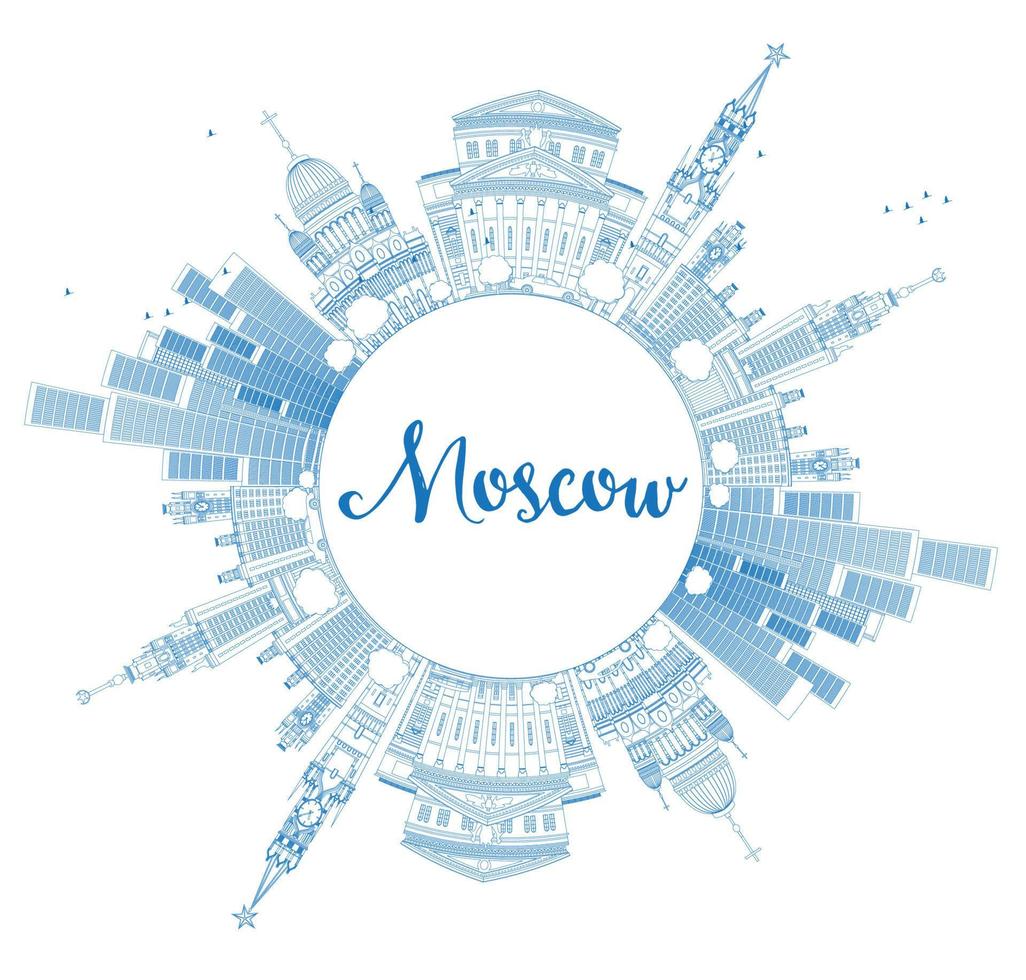 Outline Moscow Skyline with Blue Landmarks and Copy Space. vector