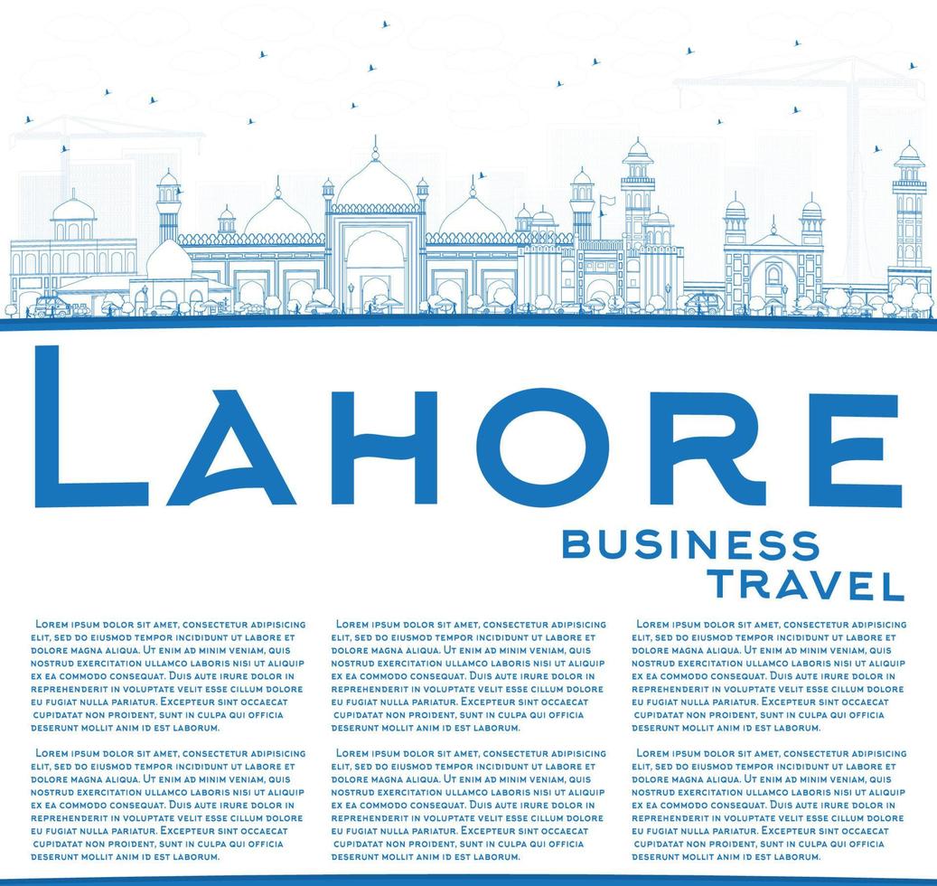 Outline Lahore Skyline with Blue Landmarks and Copy Space. vector