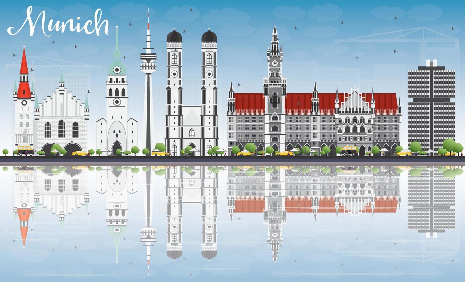 Munich Skyline with Gray Buildings, Blue Sky and Reflections. vector