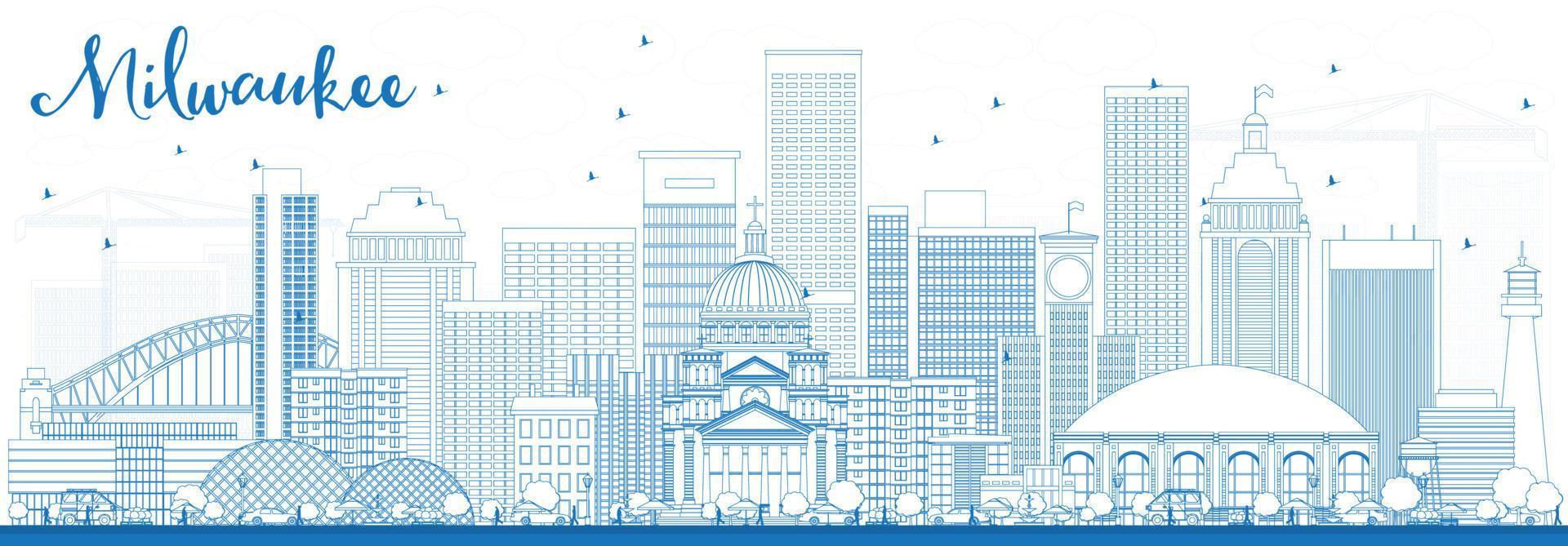 Outline Milwaukee Skyline with Blue Buildings. vector