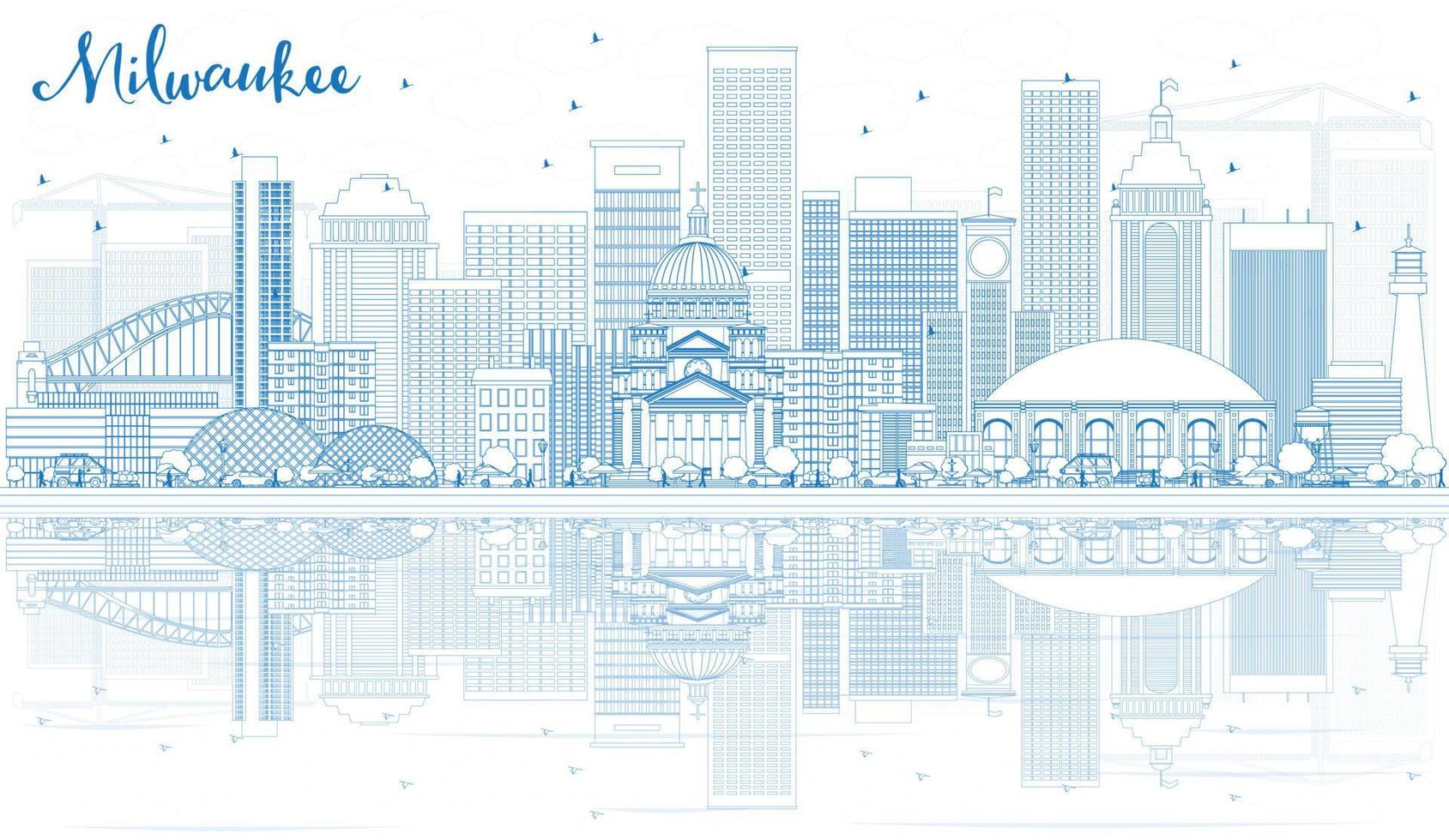 Outline Milwaukee Skyline with Blue Buildings and Reflections. vector