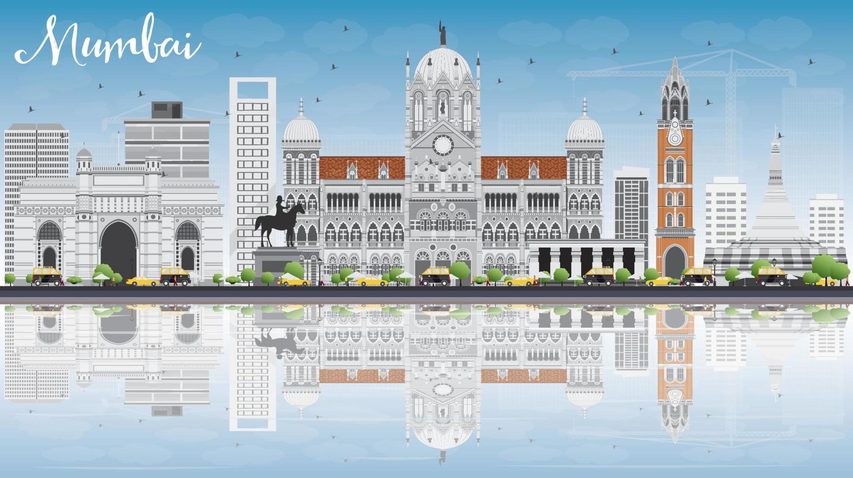 Mumbai Skyline with Gray Landmarks, Blue Sky and Reflections. vector