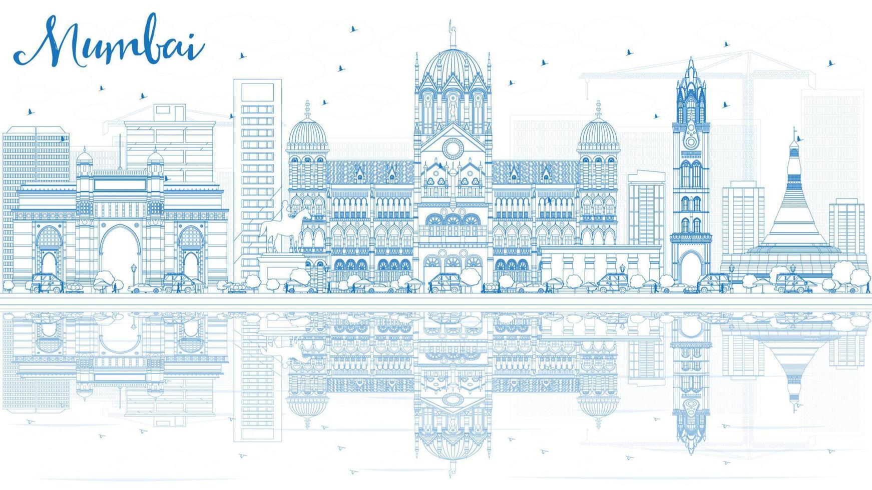 Outline Mumbai Skyline with Blue Landmarks and Reflections. vector