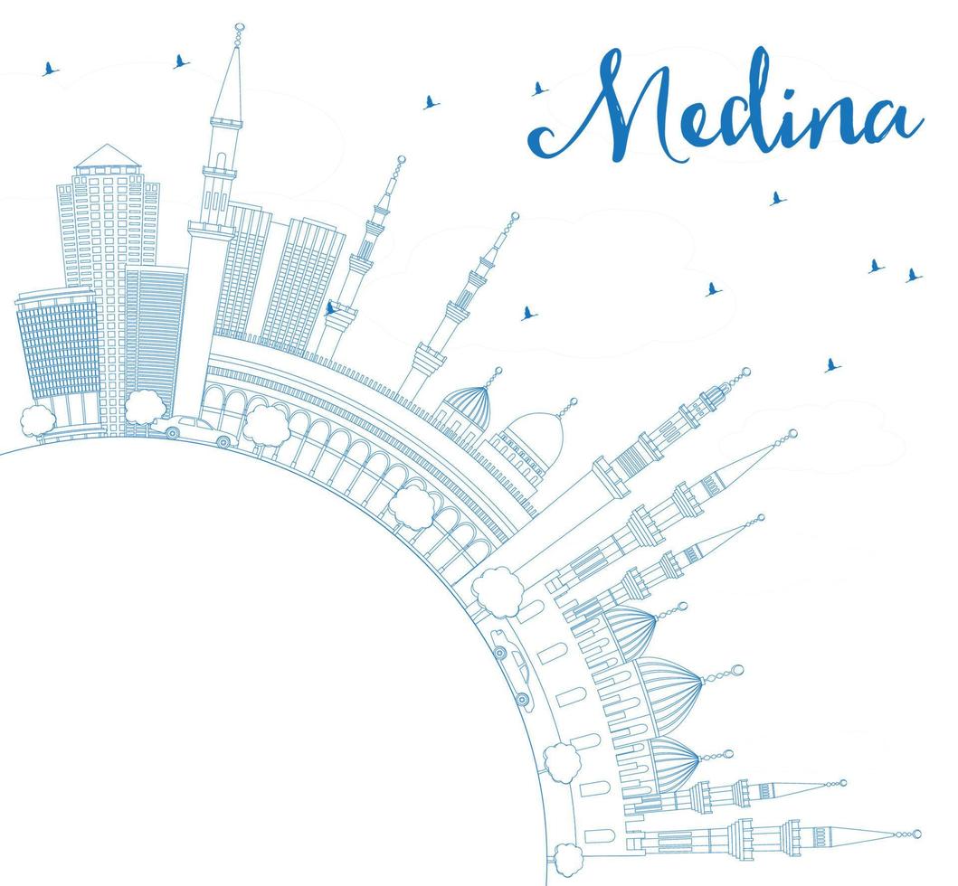 Outline Medina Skyline with Blue Buildings and Copy Space. vector