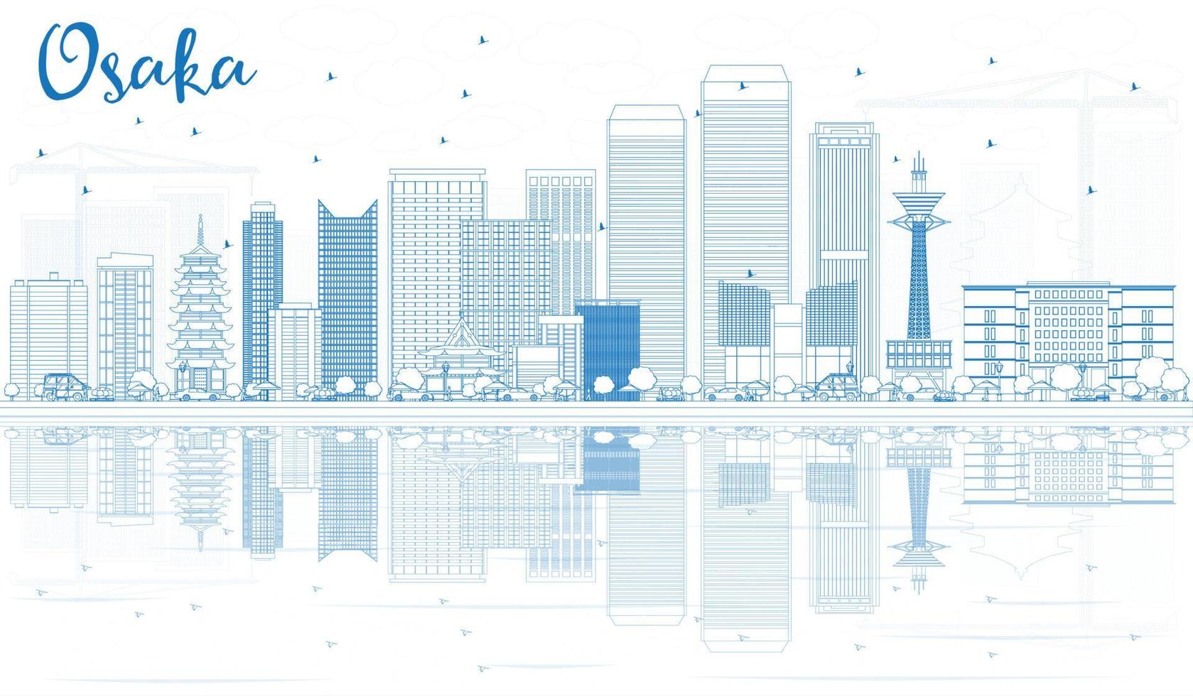 Outline Osaka Skyline with Blue Buildings and Reflections. vector
