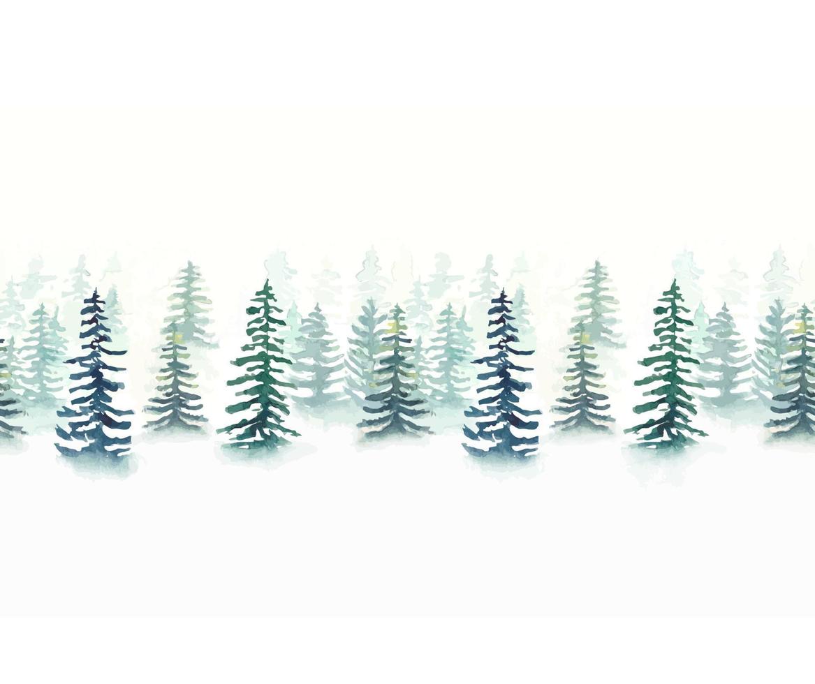 Seamless background of watercolor spruce forest in fog. vector