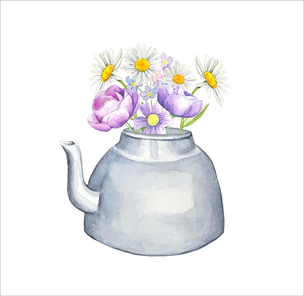 Bouquet of  Flowers  in Teapot,Watercolor Vector Illustration