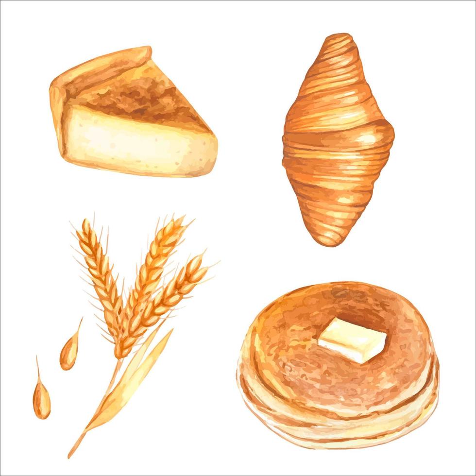 Watercolor set of various pastries vector
