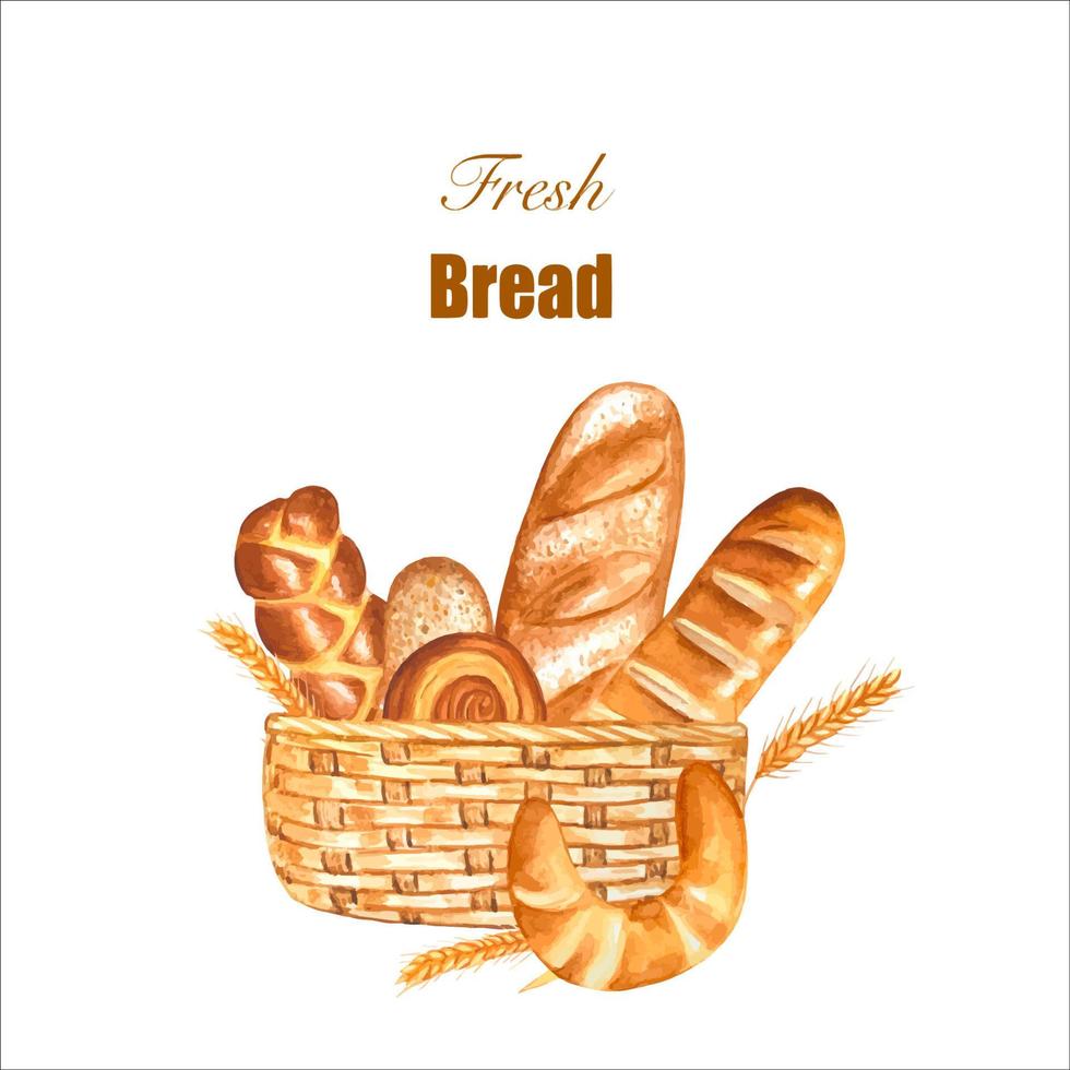 Fresh pastries in the basket. Hand drawn watercolor, illustration vector