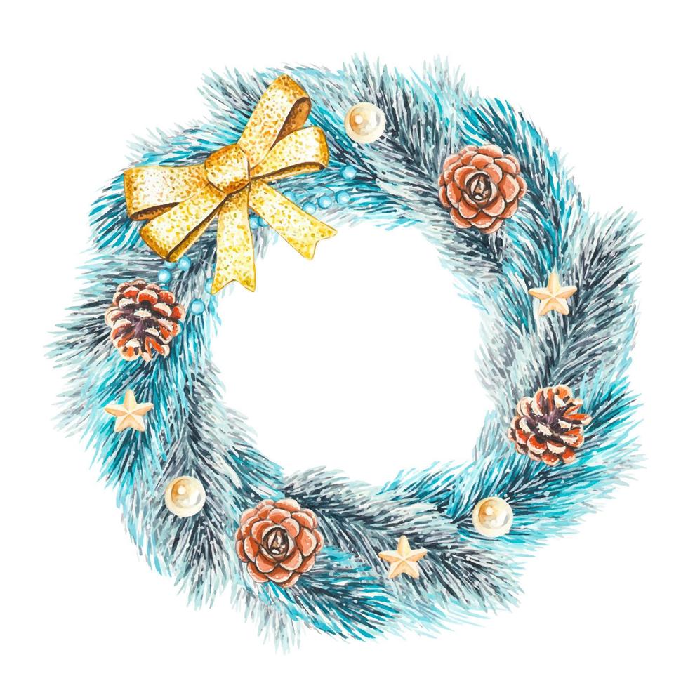 Watercolor Christmas wreath with fir branches, tree toys, fir cones . vector