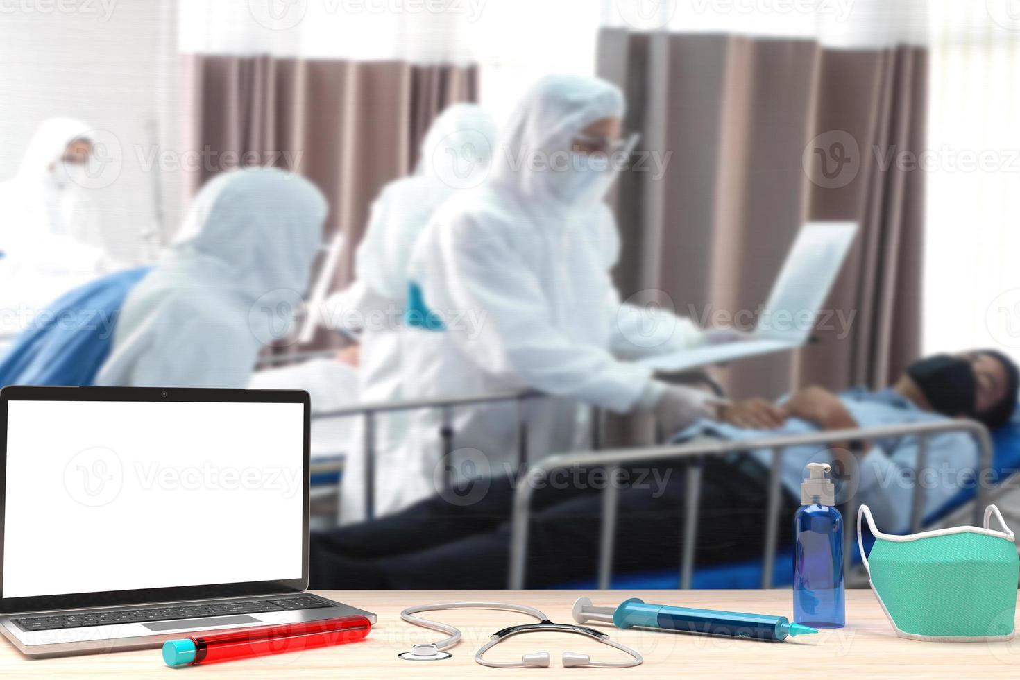 Hospital clinic laboratory doctor nurse scientist male work job visit computer notebook tablet laptop technology treatment patient businessman female table red tube gel alcohol spray stethoscope photo