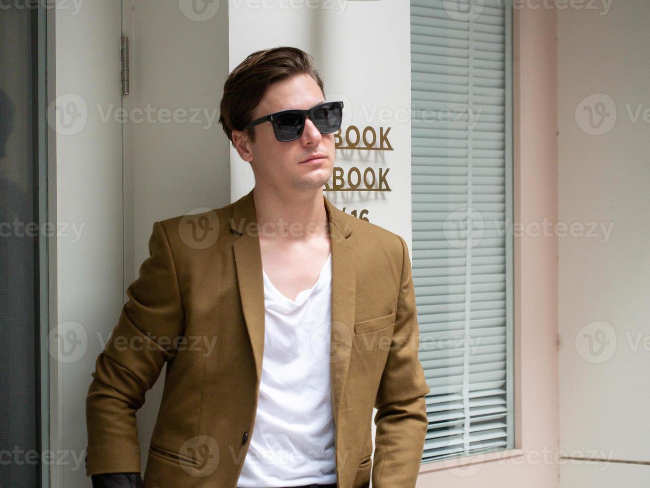 Male caucasian person fashion vogue portrait model wear sunglasses suit