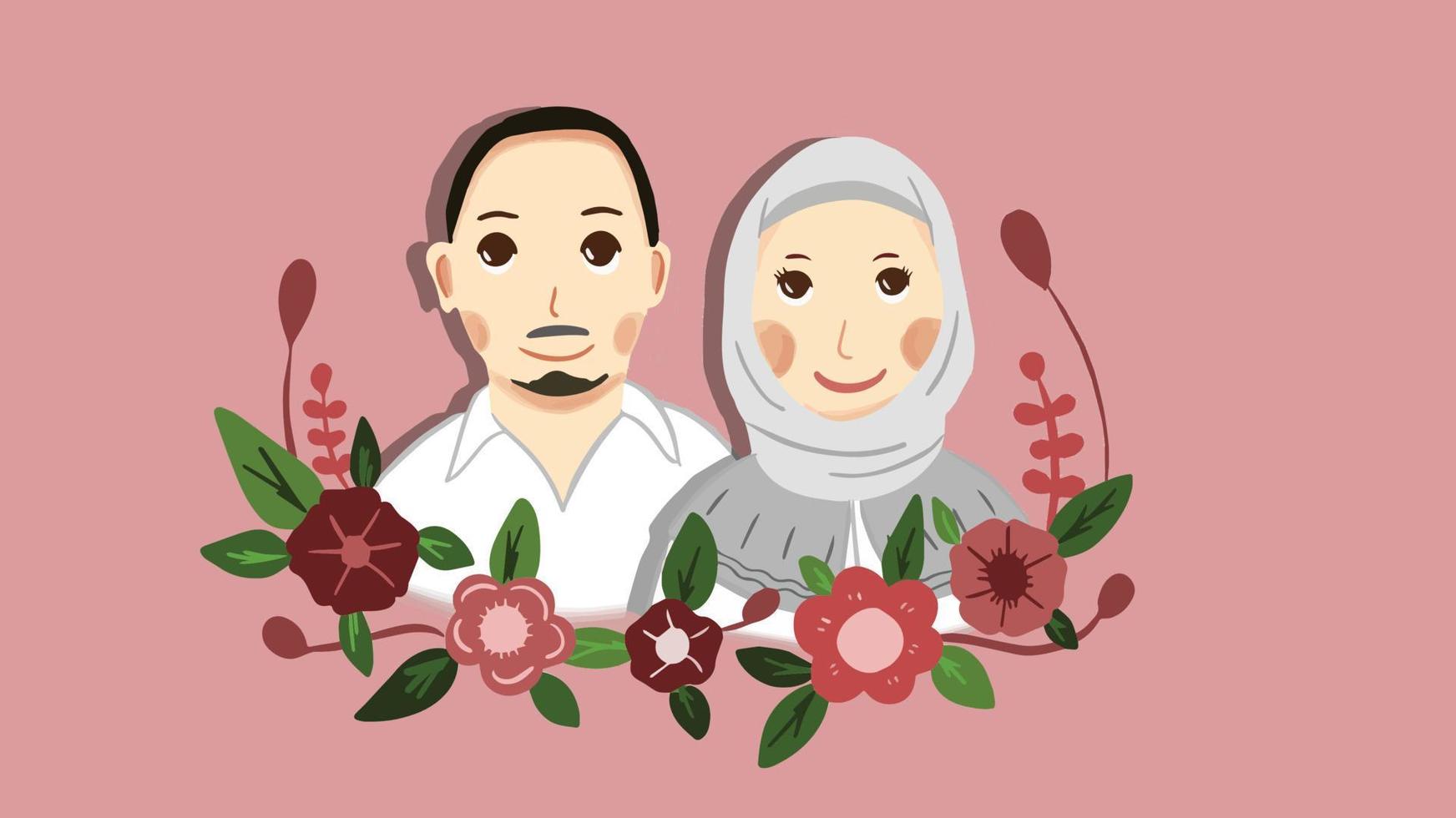 Cute muslim couple illustration for wedding invitation vector